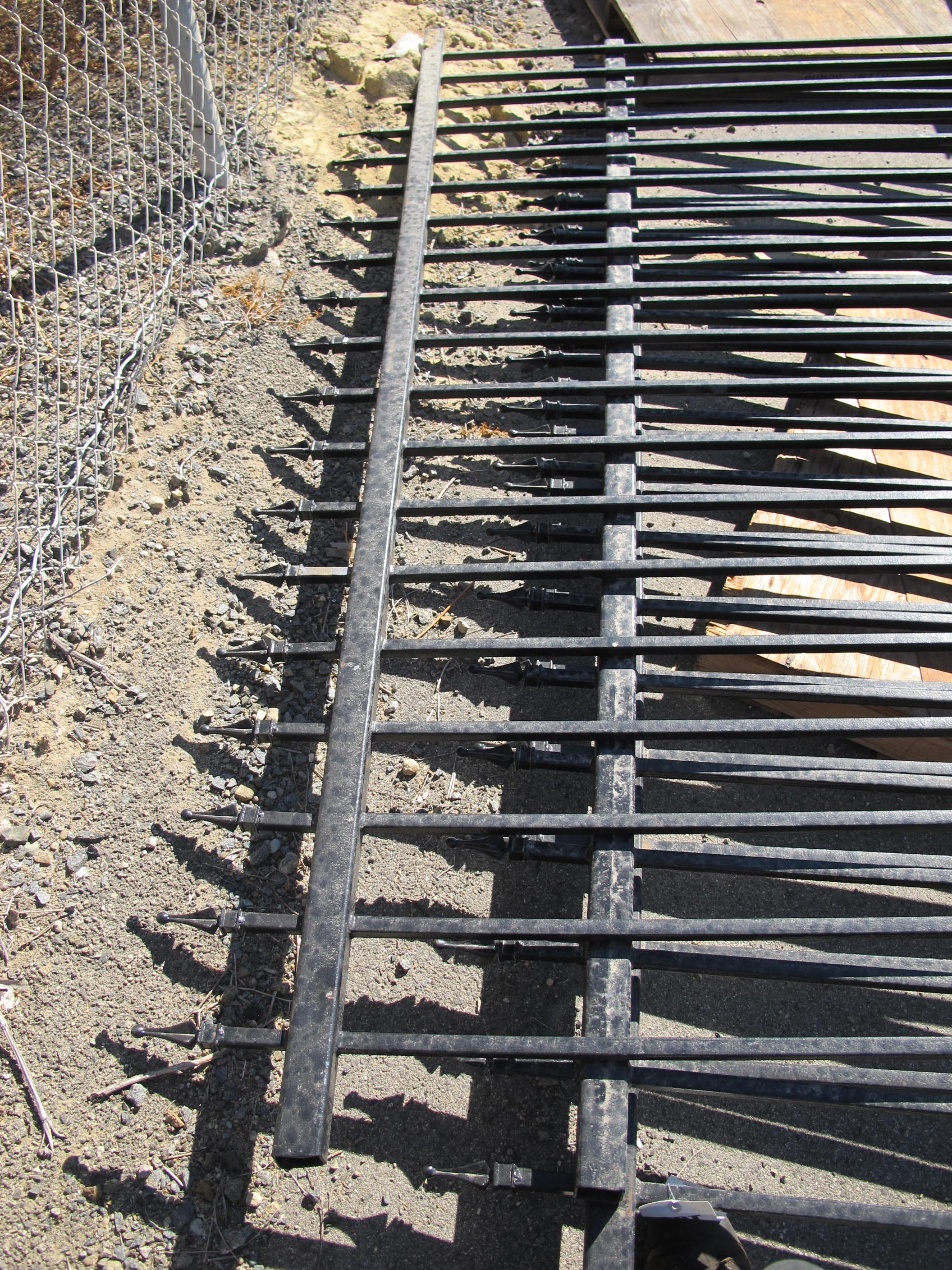 (3 SECTIONS) BLACK ROD IRON FENCING, 8' 9 1/2" W X 8' 2" L. LOADING & HANDLING FEE $15-4598